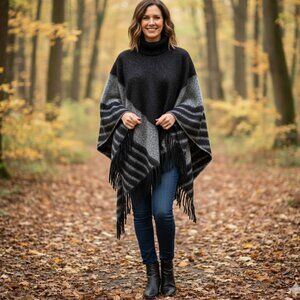 Tahari Womens Cozy Boho Turtleneck Fringe Poncho Sweater, Black/Grey OS NWT